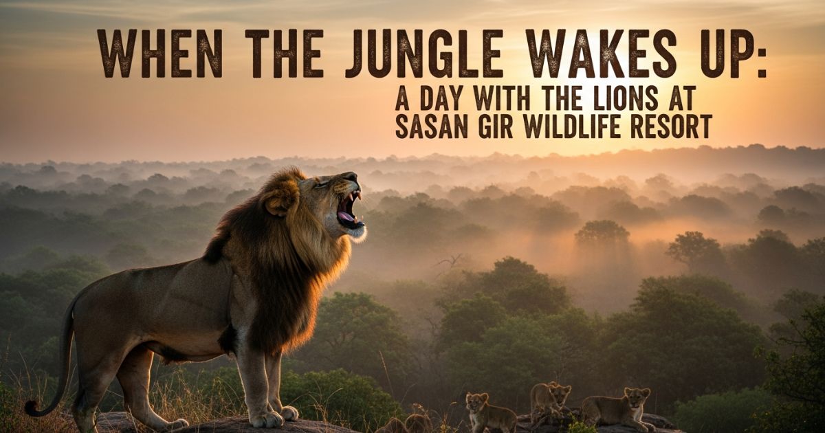 Lion roaring at sunrise with forest views near Sasan Gir Wildlife Resort, creating a true jungle moment.