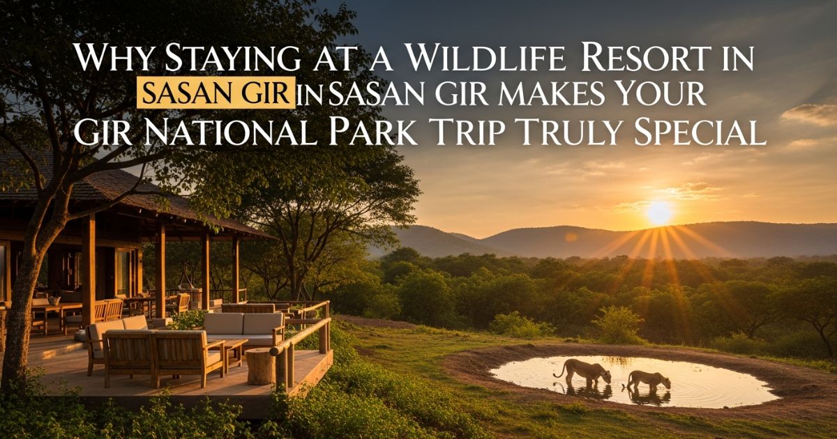 Luxury wildlife resort in Sasan Gir overlooking nature with sunset views and peaceful outdoor seating.