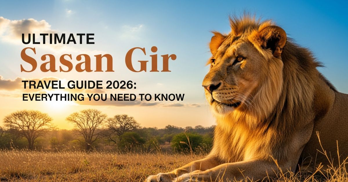 Sasan Gir Travel Guide showcasing Asiatic lion, Gir National Park safari, wildlife scenery, and nature views
